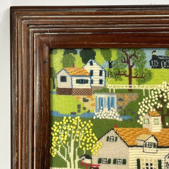 Framed 1981 Folk Art Needlepoint Horse Buggy Country Scene Signed 22.5"x19" Vtg - Picture 2 of 16
